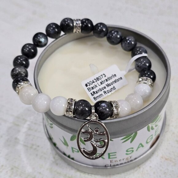 Black Labradorite & Rainbow Moonstone Beaded Bracelet – Silver Om Charm 8mm - Picture 5 of 10